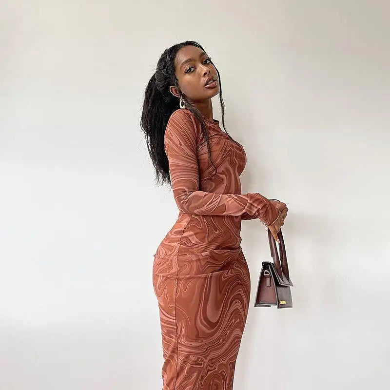 Autumn 2024 Women's Printed round Ne Slim Mid-Length Dr Commute Sle Long Sve Busin Dr Polyester Fiber