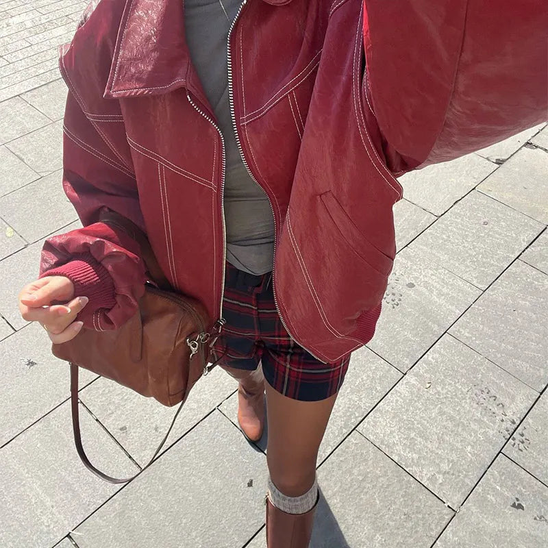 Women Stand Collar Leather Pilot Jacket Red Zipper Cropped Coat Fashion Casual Fashion Outerwear 2026 New Arrival Streetwear