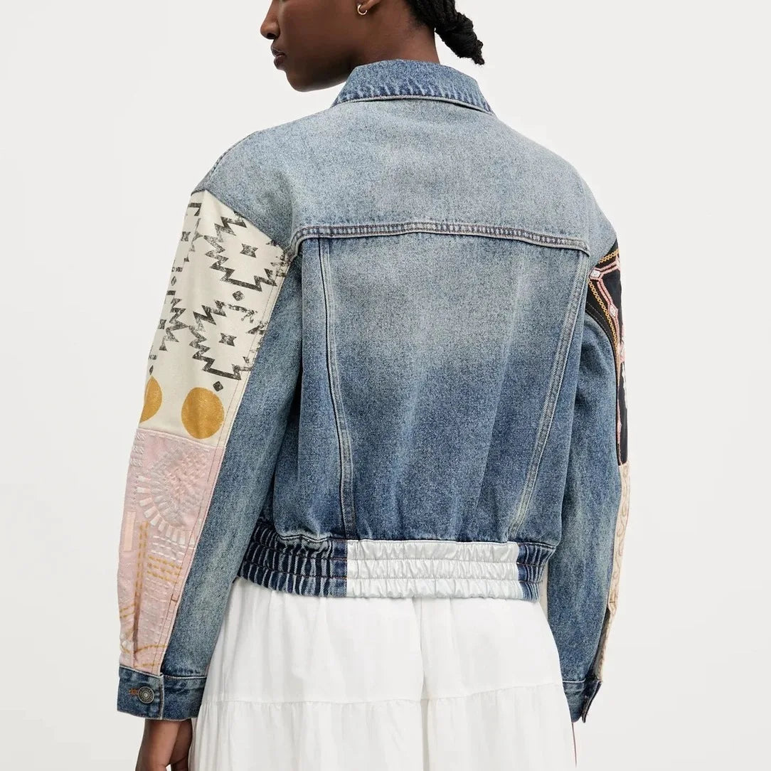 Spanish original light luxury women's jacket, sandwashed, distressed, spliced, jacquard embroidered, loose denim jacket