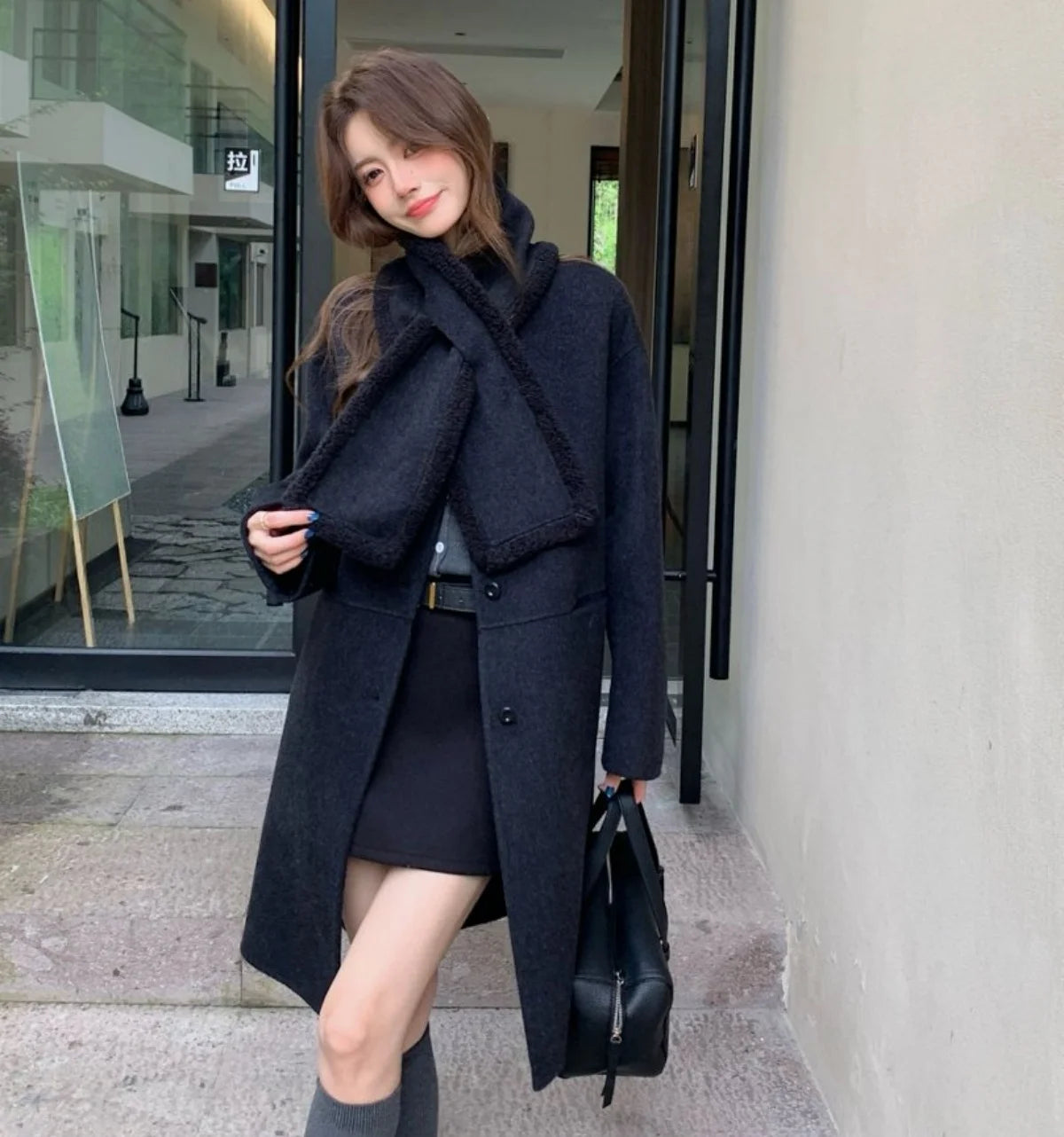Autumn and winter hot fashion round neck scarves, medium to long styles, small women's double-sided wool coats with temperament,