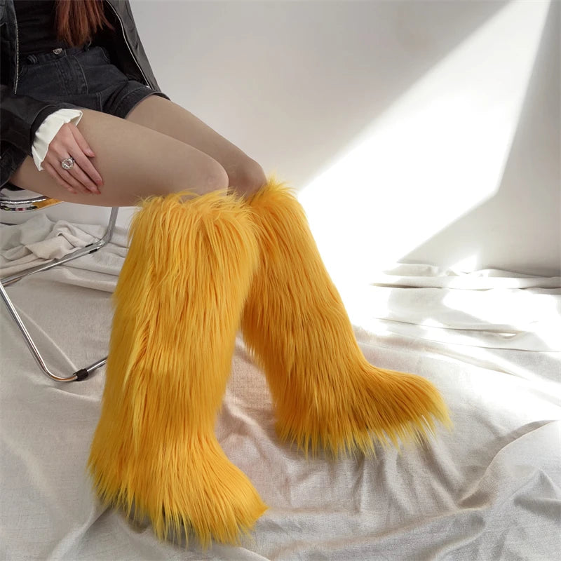 Hot Sale Ins Fashion Long Women Furry Boots Winter Knee Length Keep Warm Ladies Snow Boots