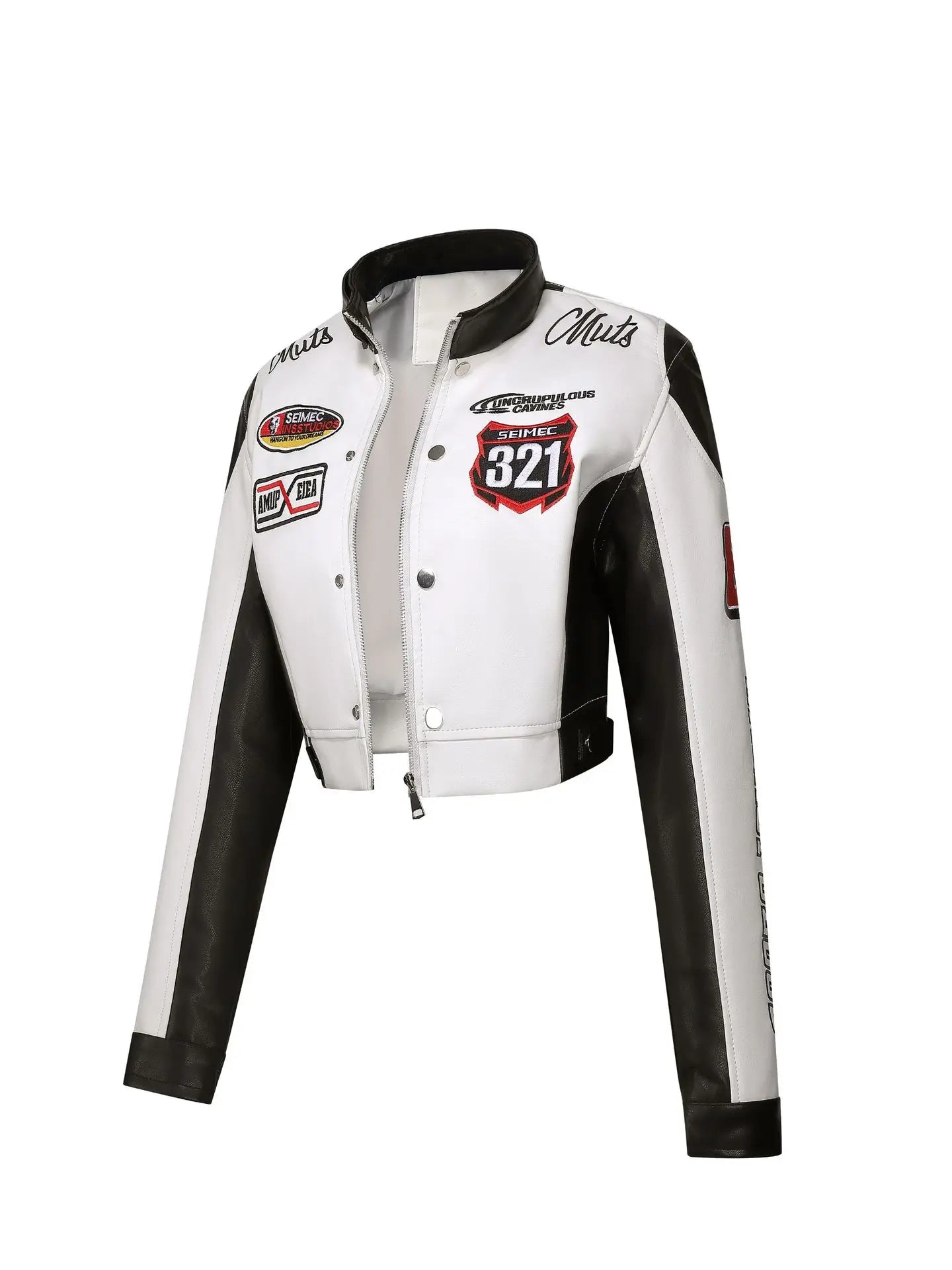 Women's Embroidered White PU Leather Jacket Motorcycle Wear Trendy Jazz Dance Autumn 2025 Collection New Arrival
