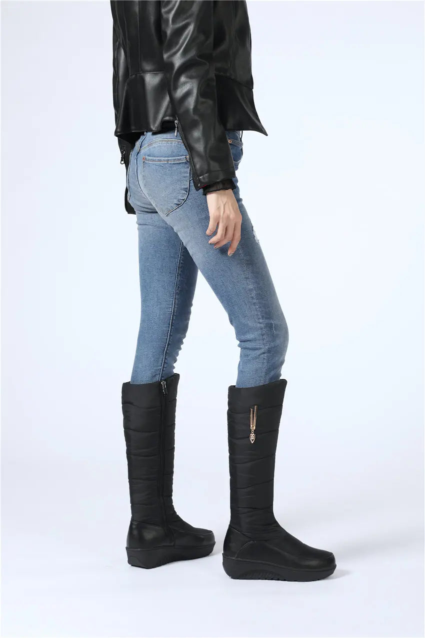 Women Warm Fur Mid-calf Snow Boots Round Toe Red Black Down Crystal Dec Party Travel Lady Wedge Platform Winter Plush Half Boots