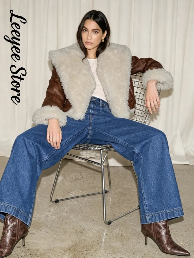 Women Brown Faux Leather Cropped Jacket  Lapel Collar Fur‑Trimmed Cuff Buckle Decor Zip‑Up Thick Warm Coat Lady Winter Outerwear