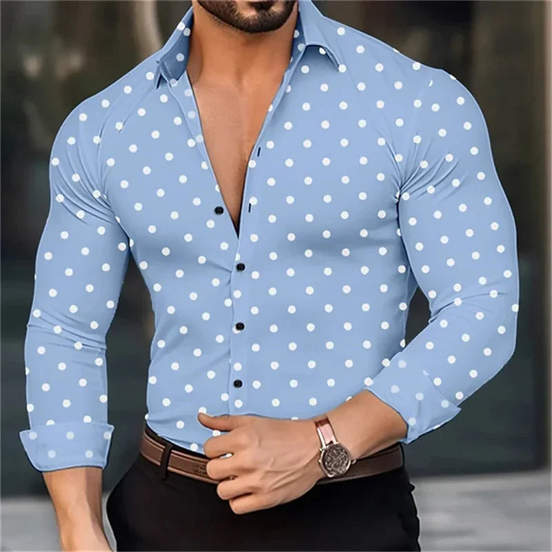 2024 new men's button-down long-sleeved polka dot lapel shirt outdoor street fashion casual breathable comfortable clothing top