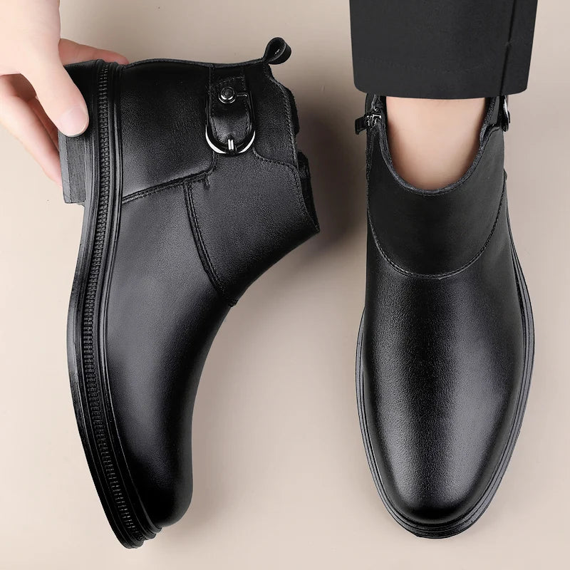 Winter New Fashion Cotton Shoes Men's Plush Genuine Leather Casual Snow Boots Slip on Male Business Footwear Comfy Ankle Boots