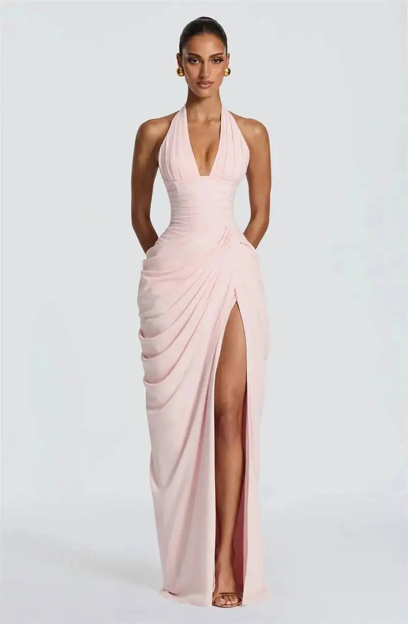 Mozision Wine Red Halter Deep V Maxi Dress Women Elegant Draped Ruched High Split Bodycon Cocktail Wedding Club Party Dresses