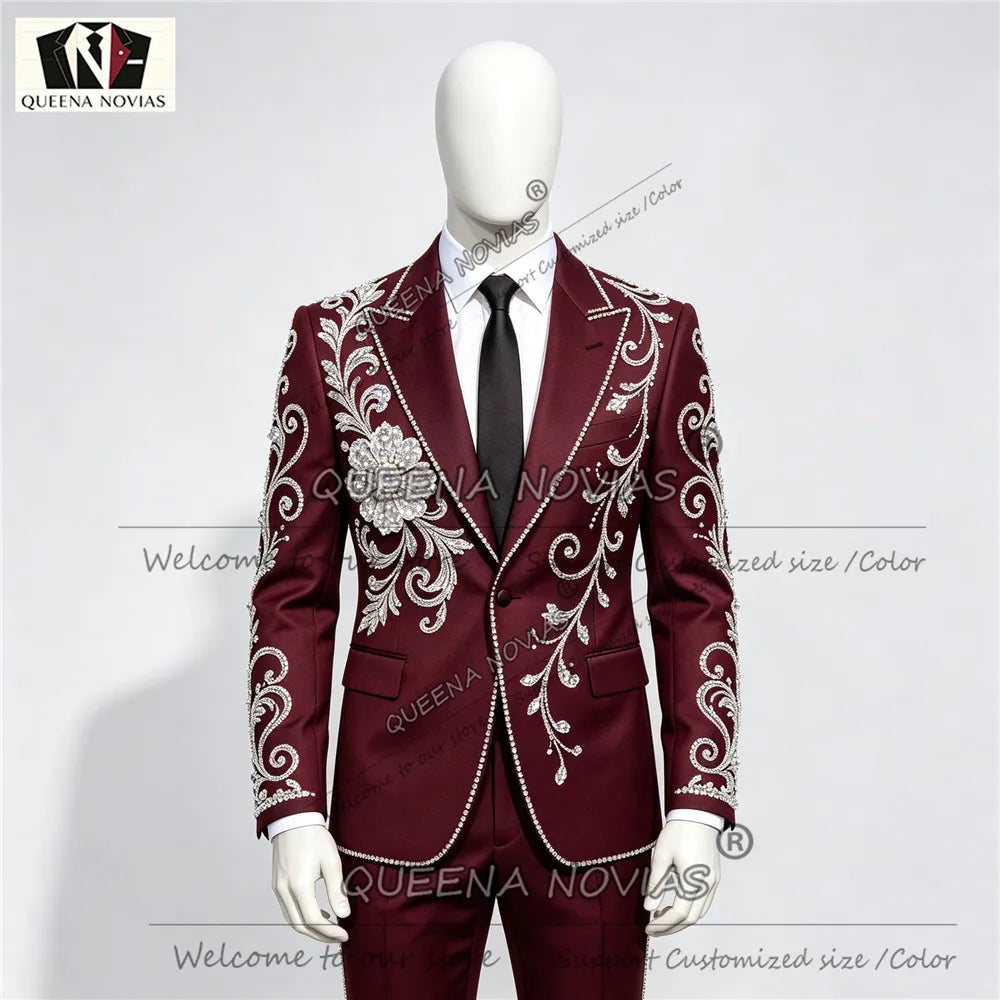 Unique Design Men's Suit Gold Diamond Beaded Jacket Pants 2 Pieces Sets Double Breasted Groom Wedding Tuxedos Male Fahion Outfit