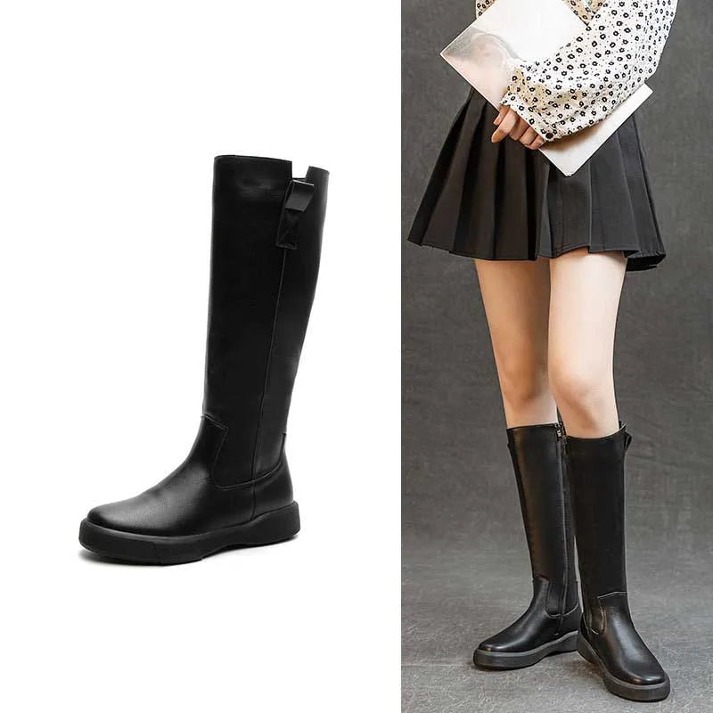Koznoy 4cm Cow Genuine Leather Microfiber High Top Rubber Knee High Booties Women Chimney Autumn Boots Spring Fashion Shoes
