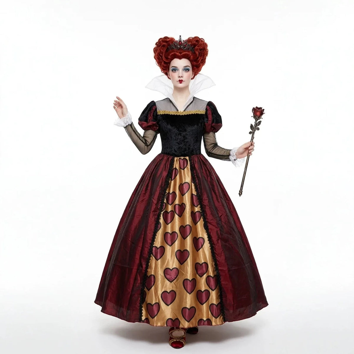 Women Queen of Hearts Costume Red Black Dress with Crown Scepter for Halloween Alice Cosplay Part