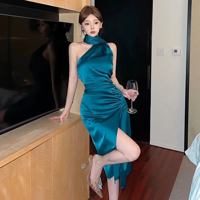 Summer Korean Fashion Sexy Club Robe Women's Sleeveless Irregular High-slit Bodycon Dress Elegant High End Party Evening Dress