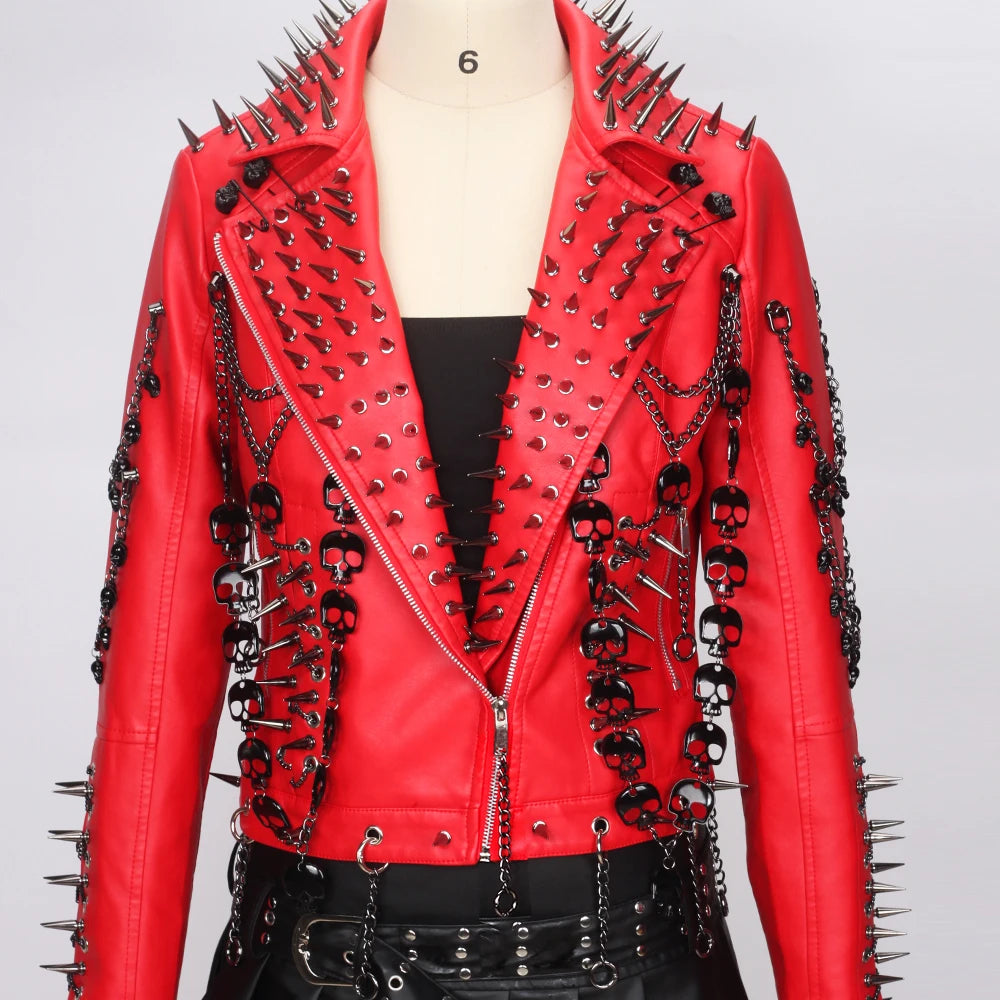 Women's Red PU Leather Gothic Punk Biker Jacket with Spikes Vintage Studded Y2K Rocker Grunge Spiked Coat Emo Alt Goth Clothing