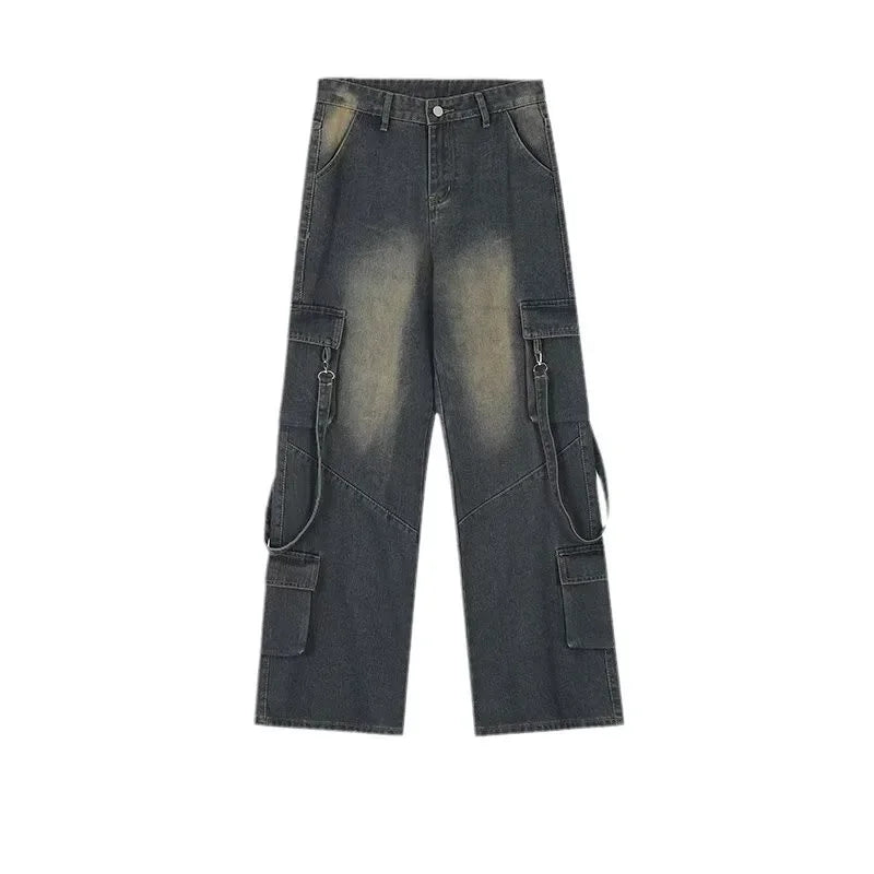 Cargo Straight Full Length Distressed Men Jean Spliced Loose Fit Washed Vintage Denim Pants High Waist Pockets Patchwork