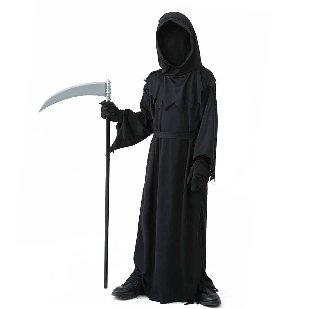 Halloween Grim Reaper Horror Costume Black Hooded Spooky Ghost Robe Dress Up Costume Adult Cosplay Mask Scythe Prop Party