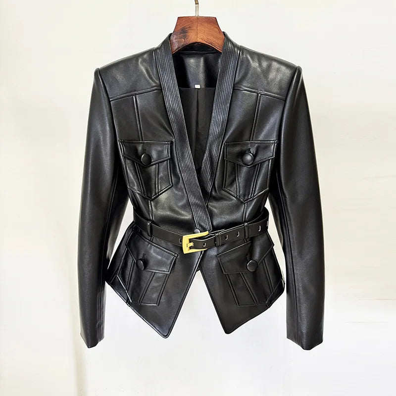 2026 new luxury and fashionable women's clothing belt slim fit leather jacket with multiple pockets motorcycle fashion jacket