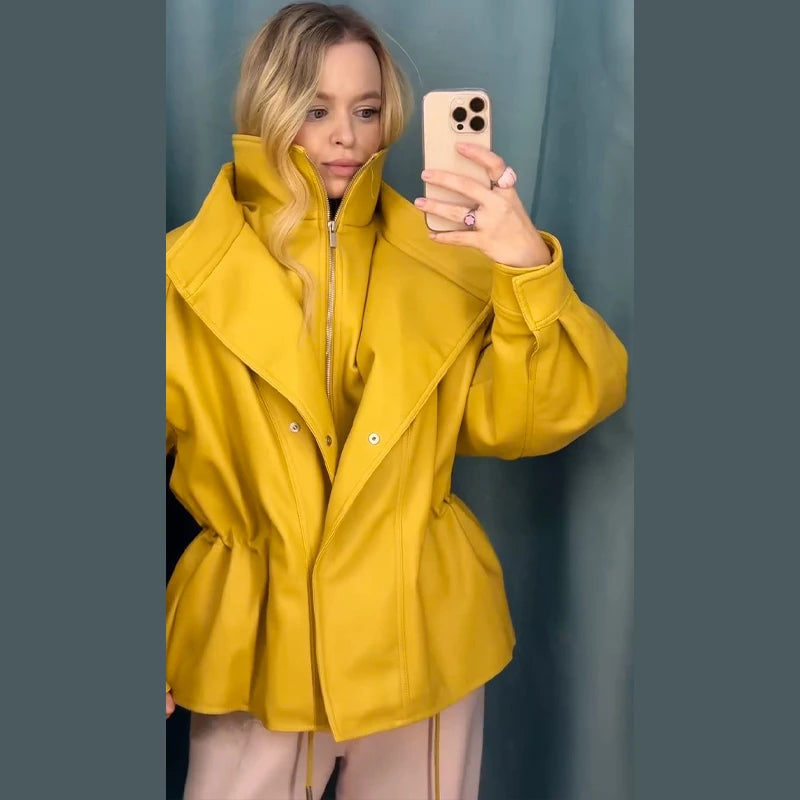 Fashion Solid Faux Leather Women's Jacket  Lapel Waist Cinching Loose Long Sleeves Coat Chic 2026 Spring Autumn New Street Wear