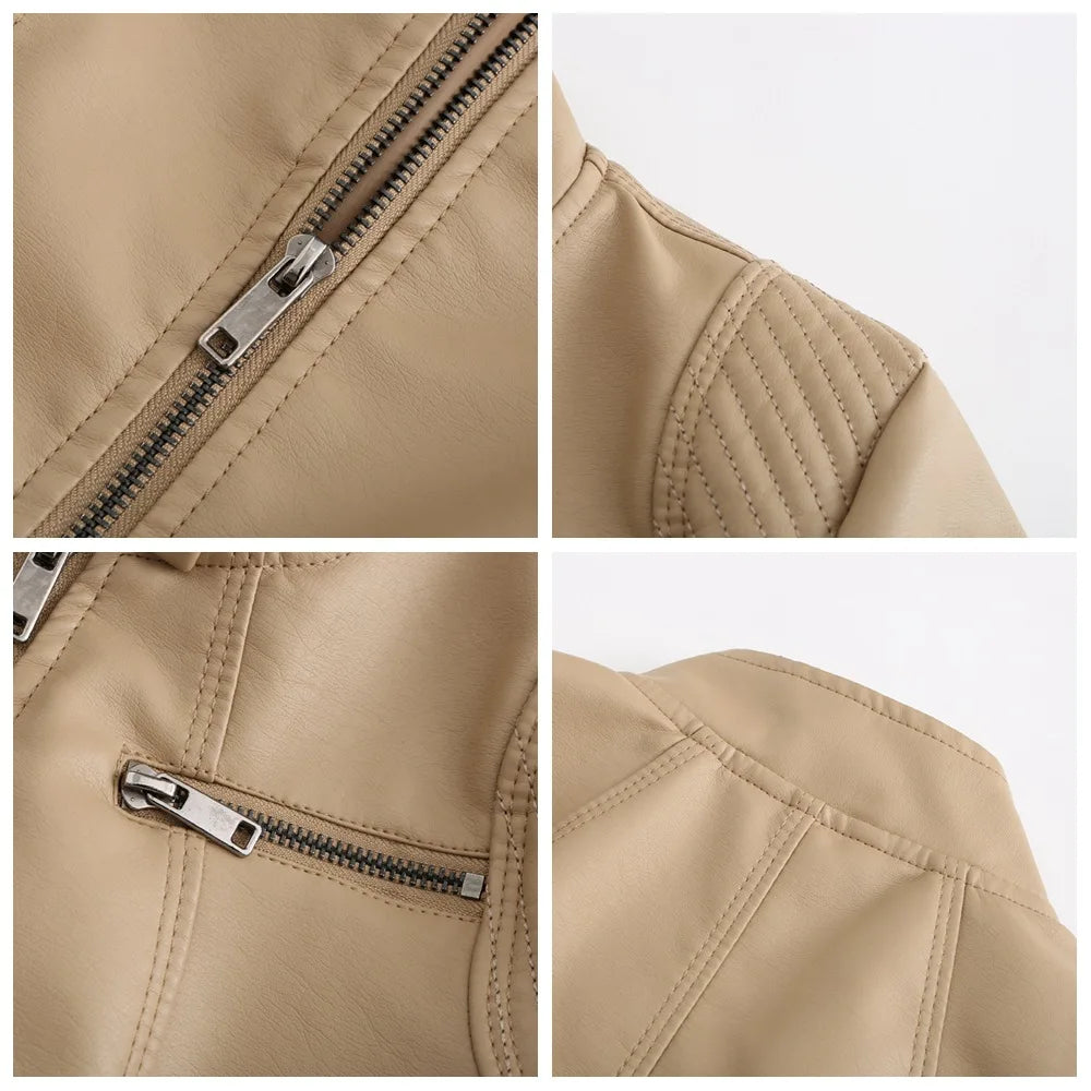 2026 New Women's Slim Leather Jacket, Stand-up Collar, Zipper Stitching, Monochromatic PU Coat, Fashion Clothing.