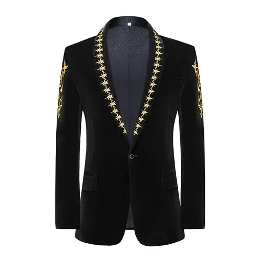New Men High Quality Golden Velvet Embroidered Suit Slim Fit Jacket Fashion Homme Wedding Prom Party Luxury Dress Blazers