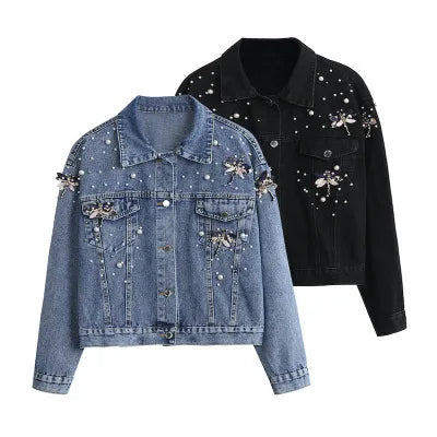 Women Denim Coat Single Breasted Turn Down Collar Distressed Dragonfly Beaded Jackets Vintage Washed Outerwear Streetwear