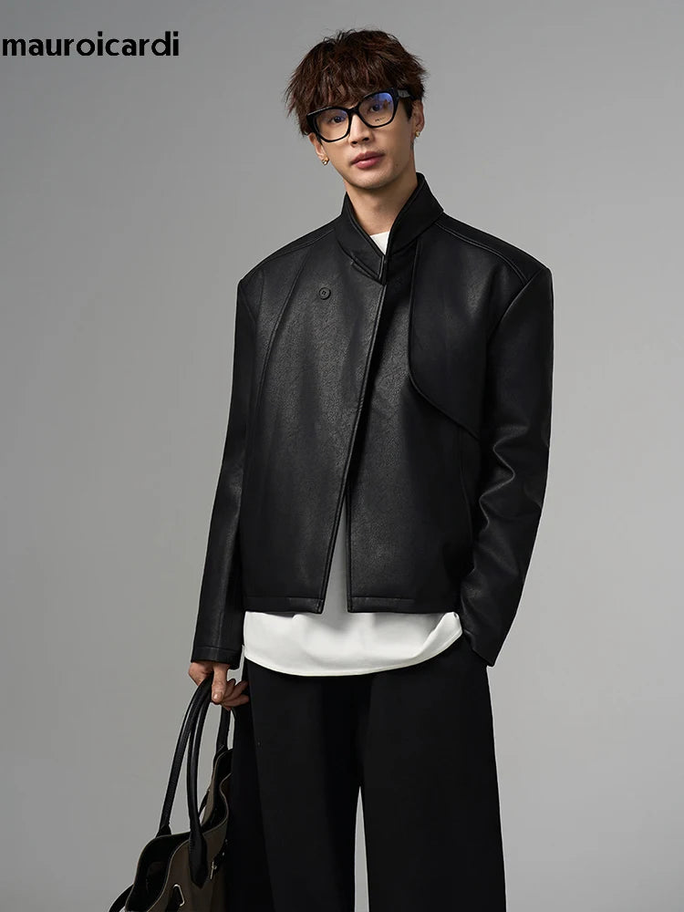 Mauroicardi Spring Autumn Cool Short Black Pu Leather Jacket Men Shoulder Pads Stand Collar Luxury Designer Fashion Clothes 2026