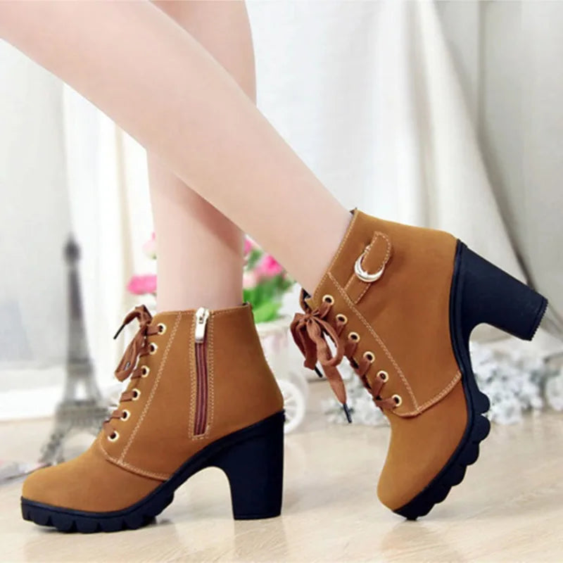 Boots Women Shoes Women Fashion High Heel Lace Up Ankle Boots Ladies Buckle Platform Artificial Leather Shoes Bota Feminina 2024