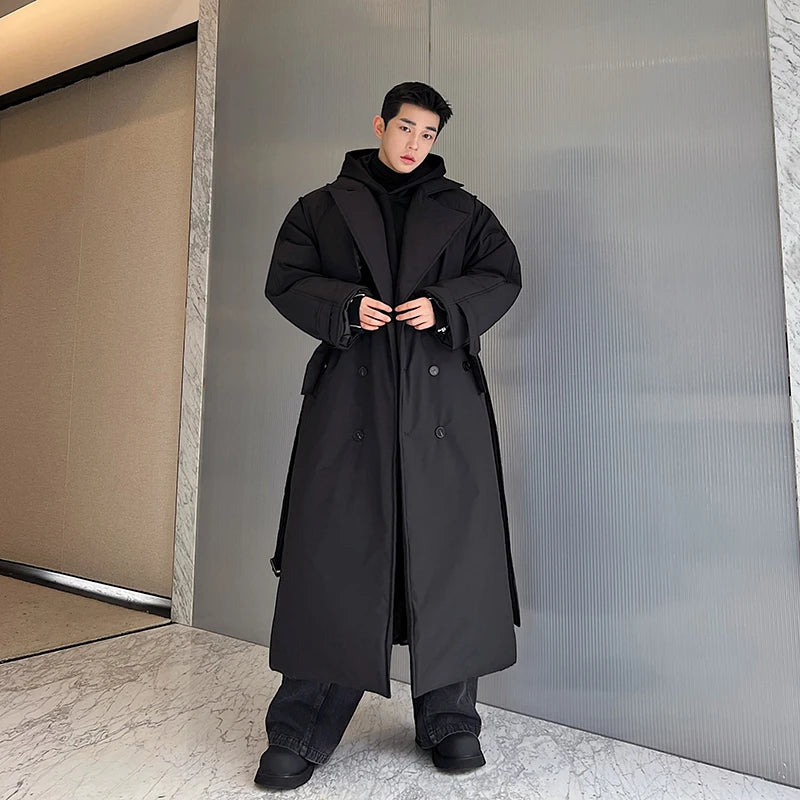 Winter Thickened Long Down Jacket Man's Belt Design Korean Warm Over The Knee Fashionable Long Sleeve Solid Color Cotton Coats