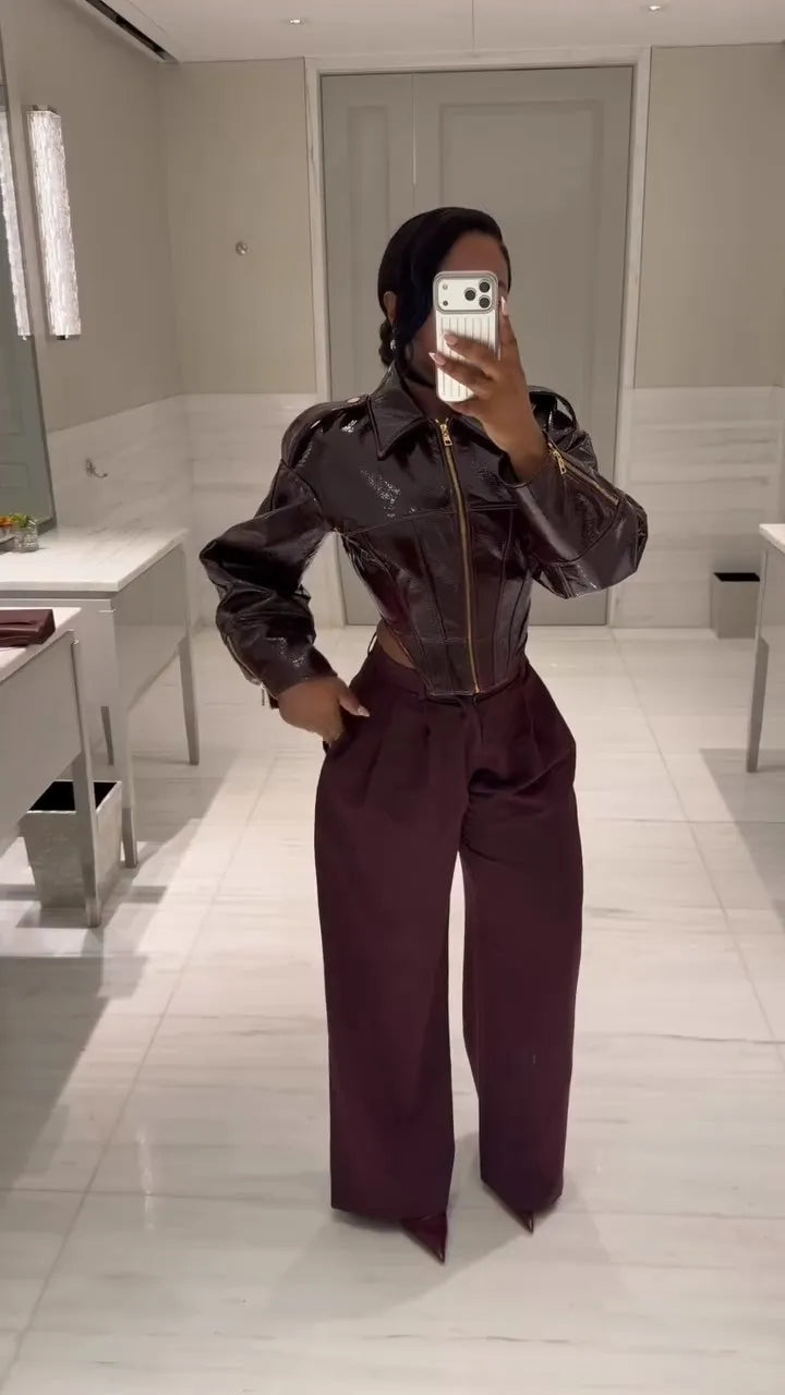 Fashion Coated Cinched-waist Leather Jacket Women Retro Lapel Full Sleeve Zipper Fishbone Coats 2026 Lady Daily Highstreet Coat