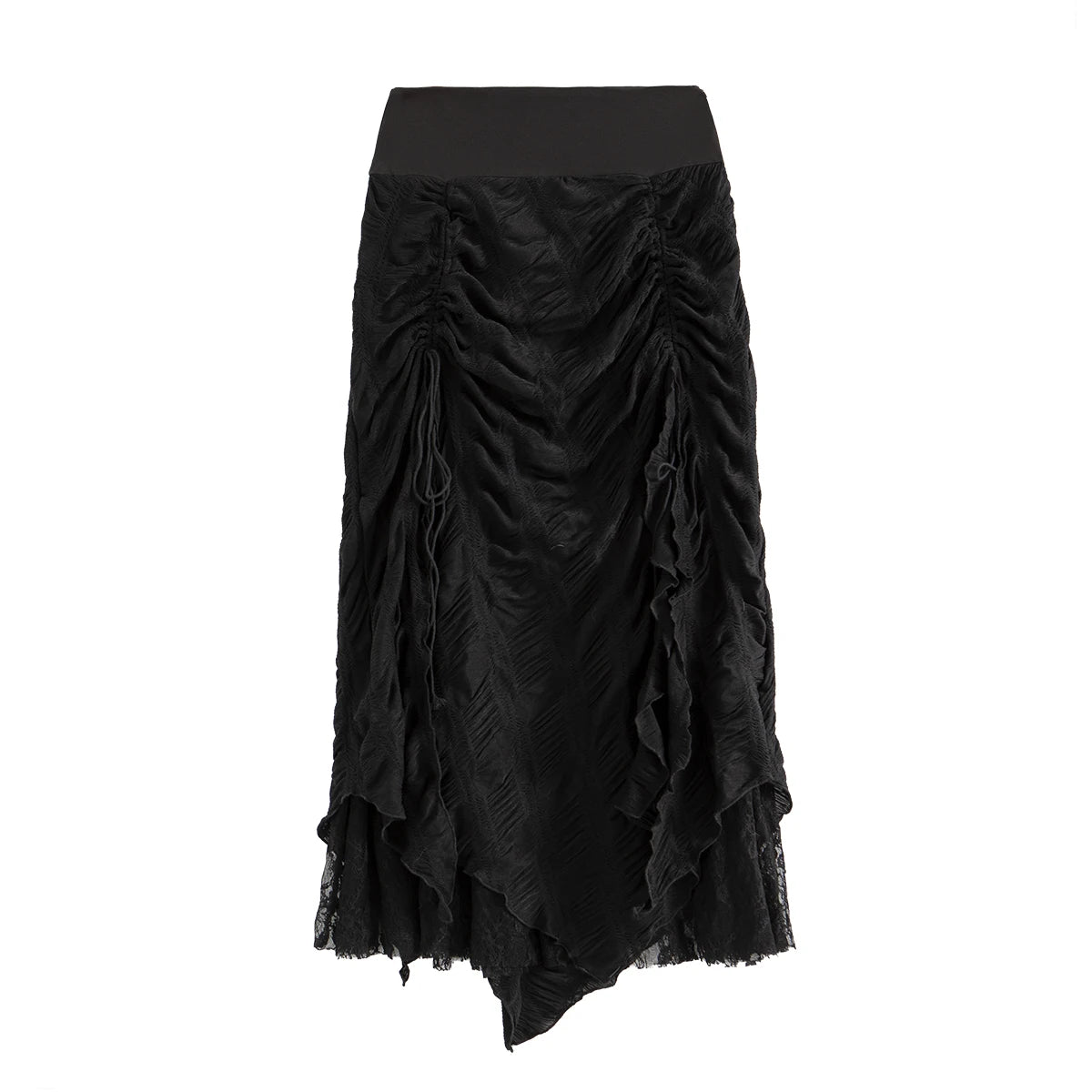 Gothic Long Skirt Bandage Lace Mesh Patchwork High Waist A Line Drawstring Split Black Skirt Irregular Aesthetic Female Fashion