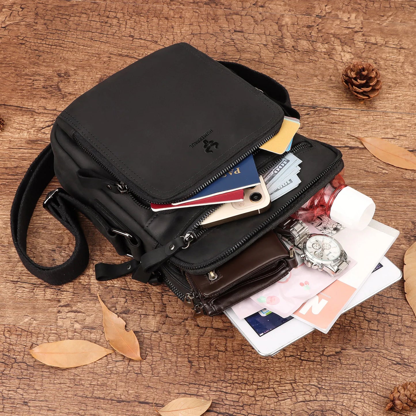 HUMERPAUL Men's Cowhide Shoulder Bag Casual Crossbody Bags Full Grain Leather Multifunctional Ipad Messenger Handbag Quality