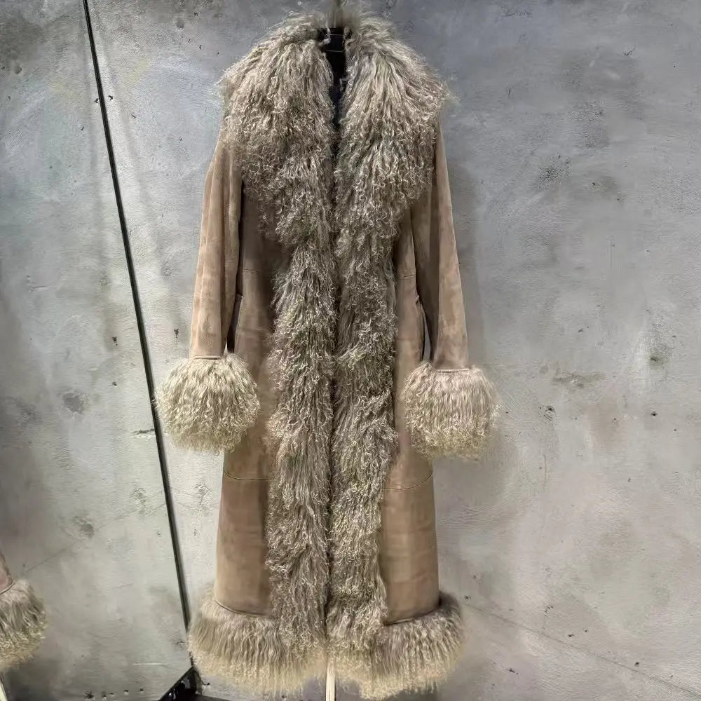 Suede Coat Fur Collar Women Autumn Genuine Sheepskin Coat Long with Mongfolian Fur Trim