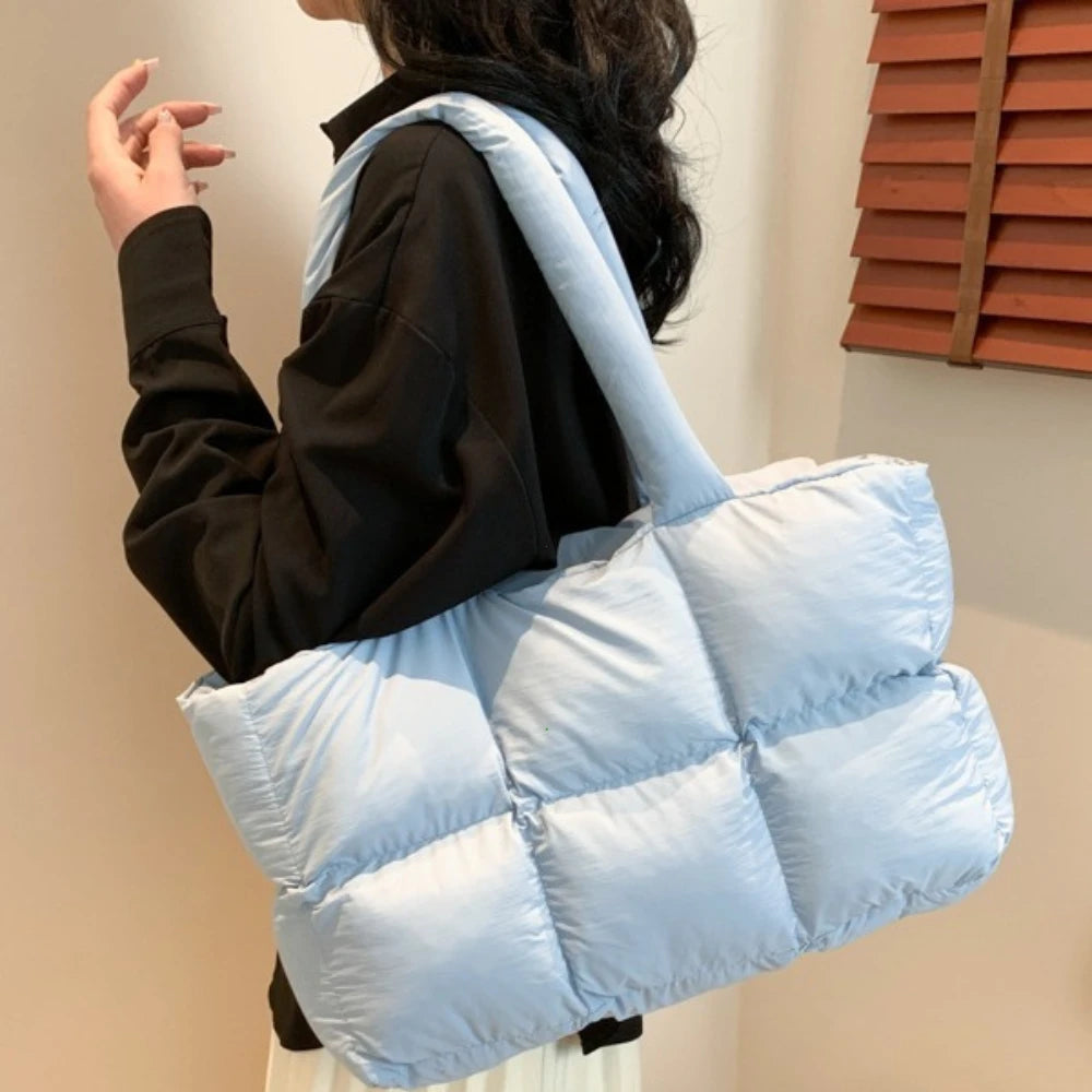 Women Tote Handbags Quilted Plaid Bag Retro Trendy Checkered Waterproof Shoulder Bag Solid Color Winter Soft Large Capacity Bags