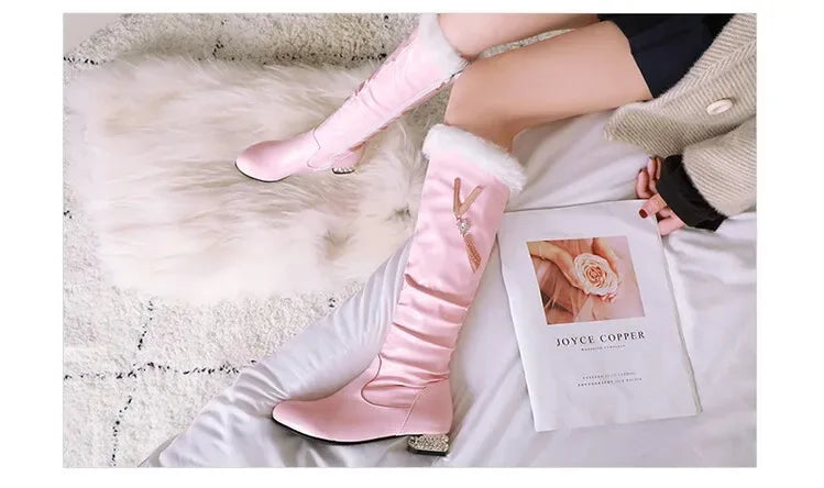 Winter Warm Knee High Boots Women Platform Wedges High Heels Snow Boots Slip on Winter Ladies Shoes White Black Pink 2025