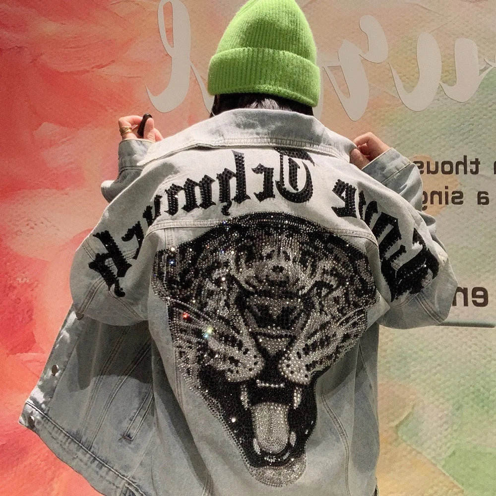 Tiger head denim jacket leopard handsome heavy industry hot diamond men's and women's jacket spring and autumn tops distressed