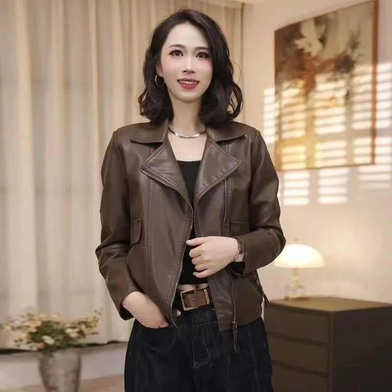2026 Fashion Autumn PU Leather Jacket Women New Short Leather Coat Retro Lapel Sweet Motorcycle Outerwear Ladies Overcoat Top