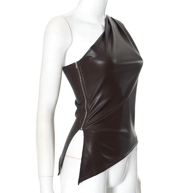 PixieKiki Fashion PU Leather Sleeveless T Shirts Side Zipper One Shoulder Asymmetrical Tops Women Clothing Fall 2024 C85-CA12