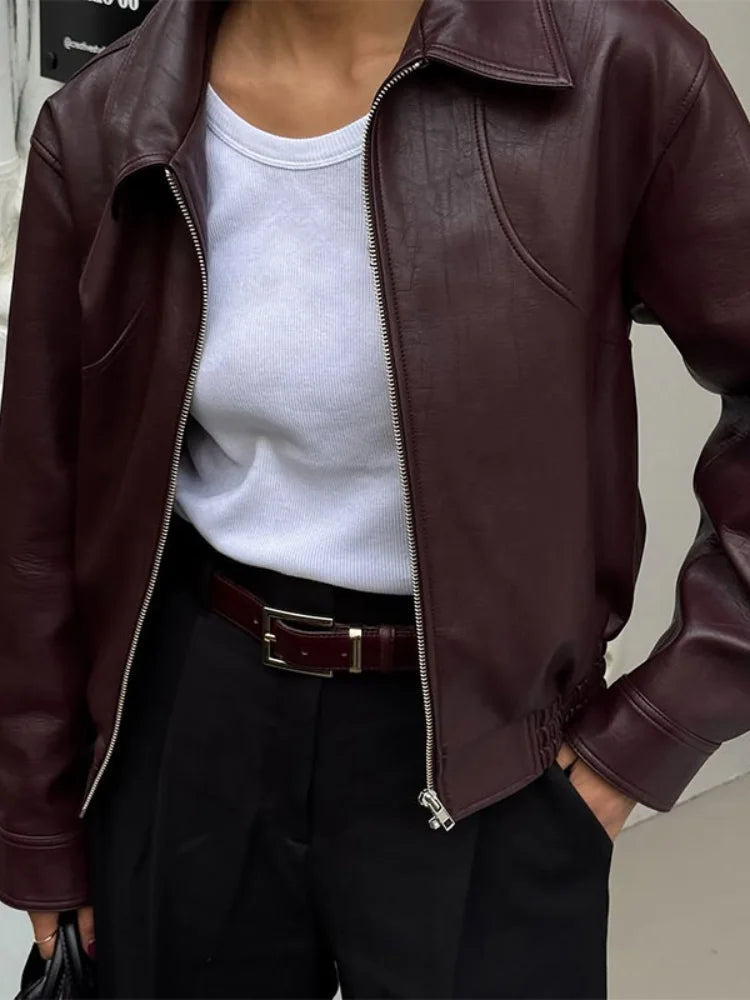 Women Chic Brown Leather Jacket With Belt Chic Full Sleeve Laple Zipper Short Coats 2026 Autumn New Ladies Street Biker Jackets