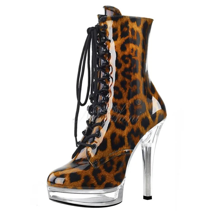 Exotic 20 cm Leopard Print Gothic Stripper Heels Size 34-46 8Inch Platform Ankle Boots Strip Pole Dance Catwalk Round Toe Women