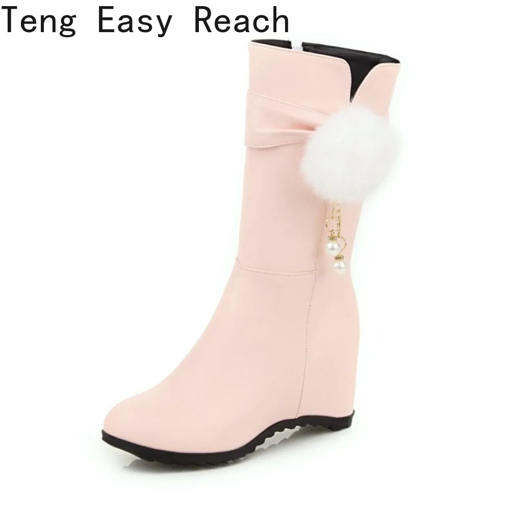 Women Snow Boots Autumn Winter Keep Warm Fur Wedges Increasing Faux Suede Round Toe White Princess Boots New 2026