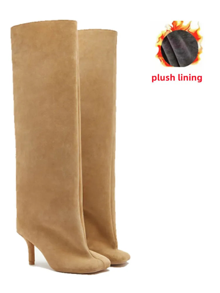2025Women's Autumn and Winter New Slim Fit High Heels Knee High Boots Fashionable Plus Size Medium Long Boots Knight Boots