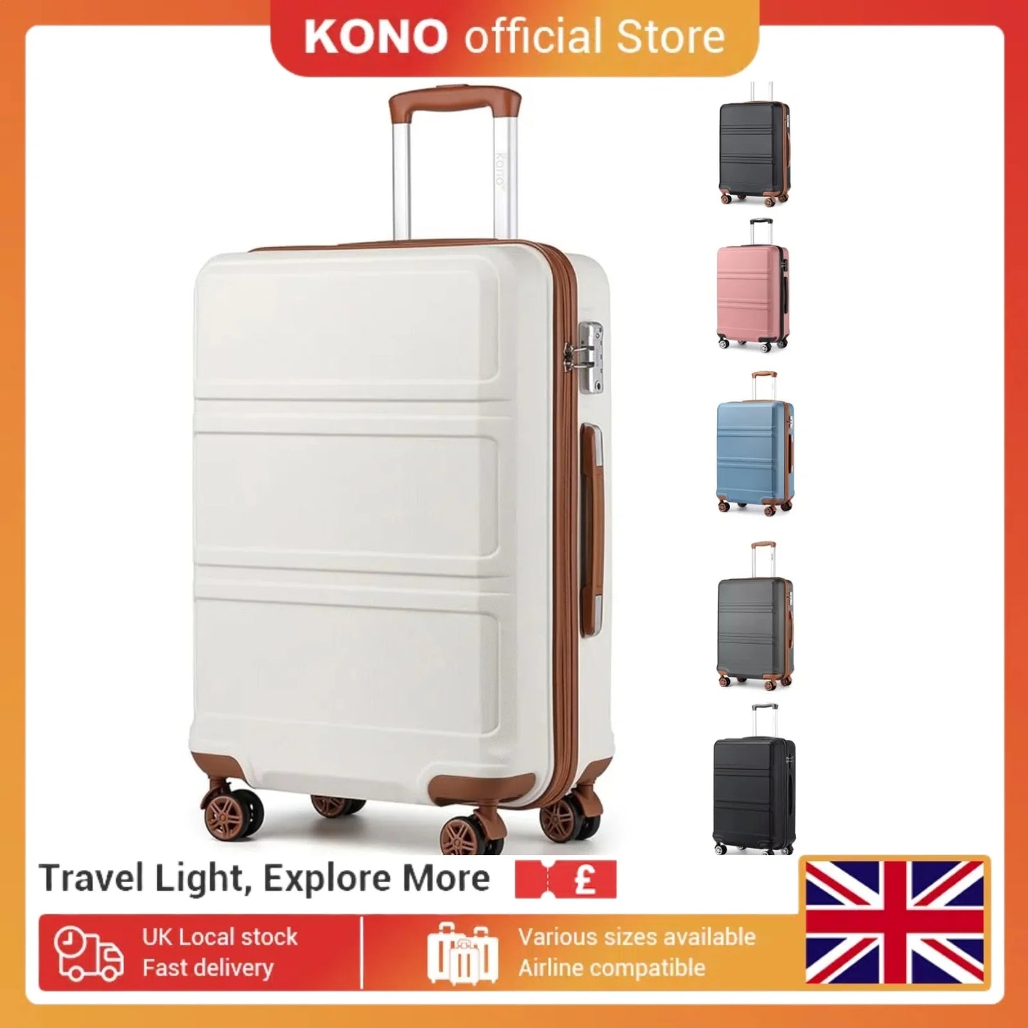Kono Lightweight Cabin Suitcase - 20/24/28 Inch ABS Hard Shell, Fits EasyJet Under Seat, large-Compact Carry-On Trolley Case