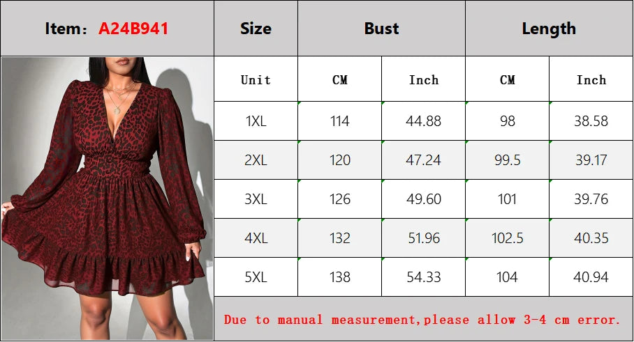 New Sexy V-Neck Leopard Print Long-Sleeve Dress Plus Size Women Clothing American Slim A-Line Skirt Elegant Party Evening Dress