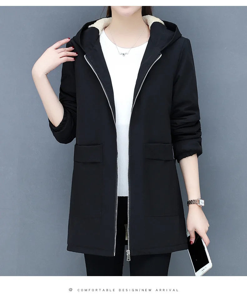 2023 Autumn Winter New Thick Warm Lamb Wool Cotton-padded Coat Women's Mid-length All-fit Loose Hooded Female Blouse