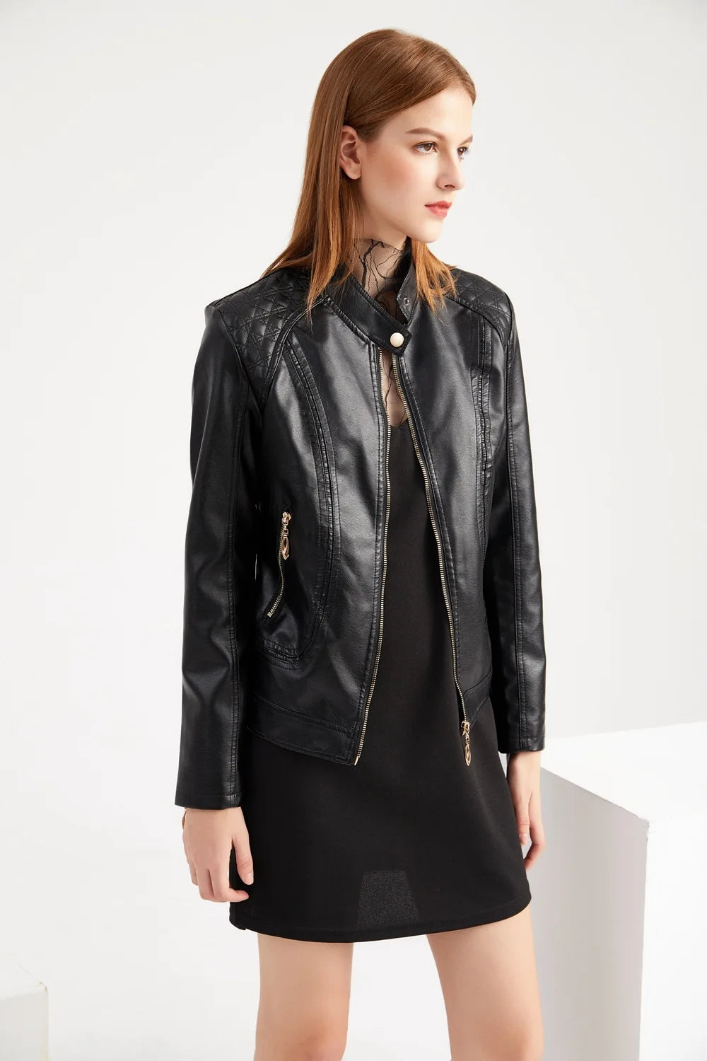 Women's Elegant Stand-up Collar Solid Jacket 2022 Female Three-dimensional Pattern Coat S-4XL New Pu Faux Leather Jacket Women