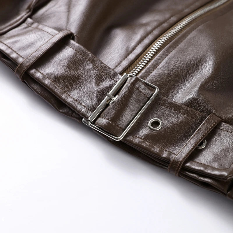 Casual Lapel Zipper Waist Belt Short Leather Jacket 2026 Women Loose Solid Pocket Pu Coat Autumn Lady Daily Highstreet Jackets