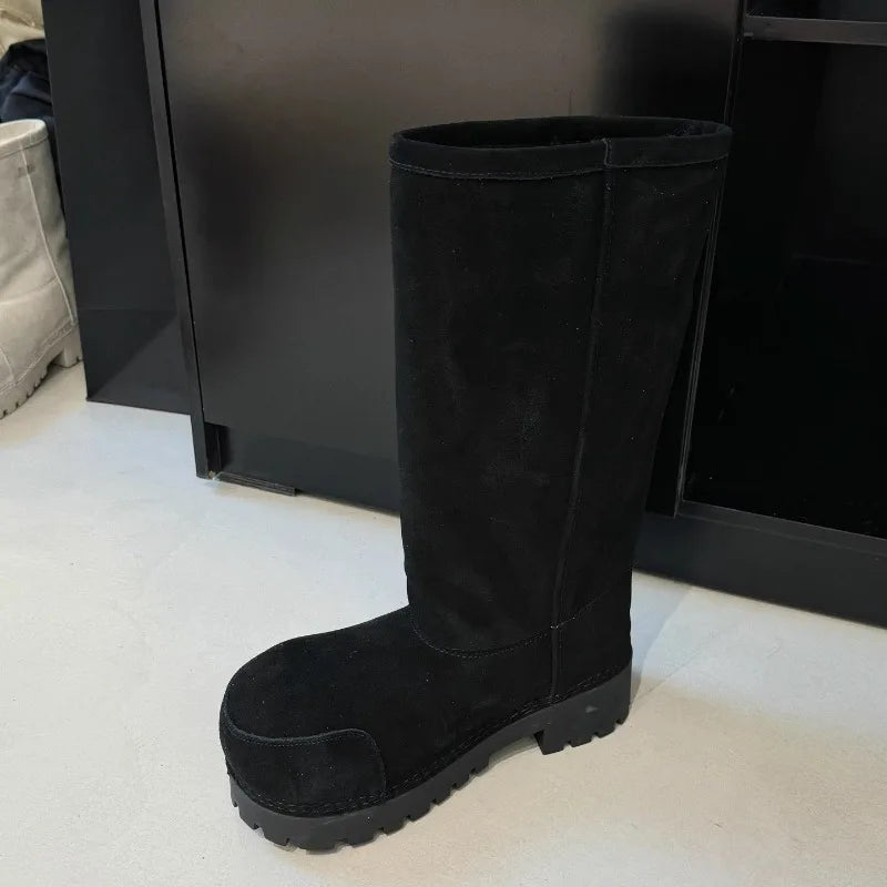 Fashionable Snow Boots Platform Elevating Warm Cotton Shoes Warm Big Head Design Long Boots Ladies All-over Brown Long Boots