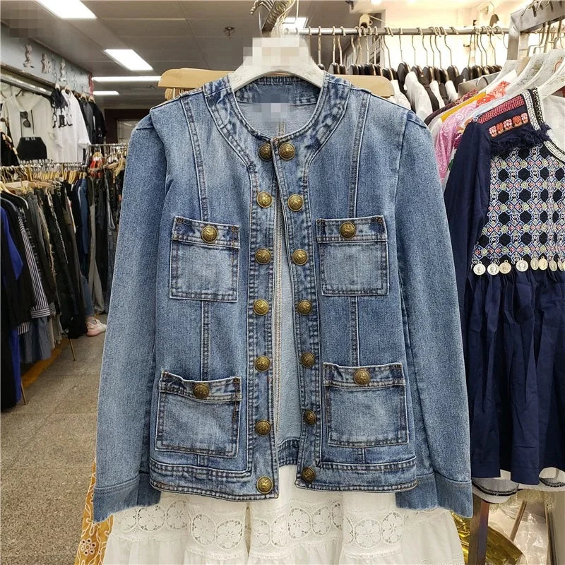 European and American style heavy industry embroidery splicing denim jacket 2025 new print loose casual denim women's jacket top