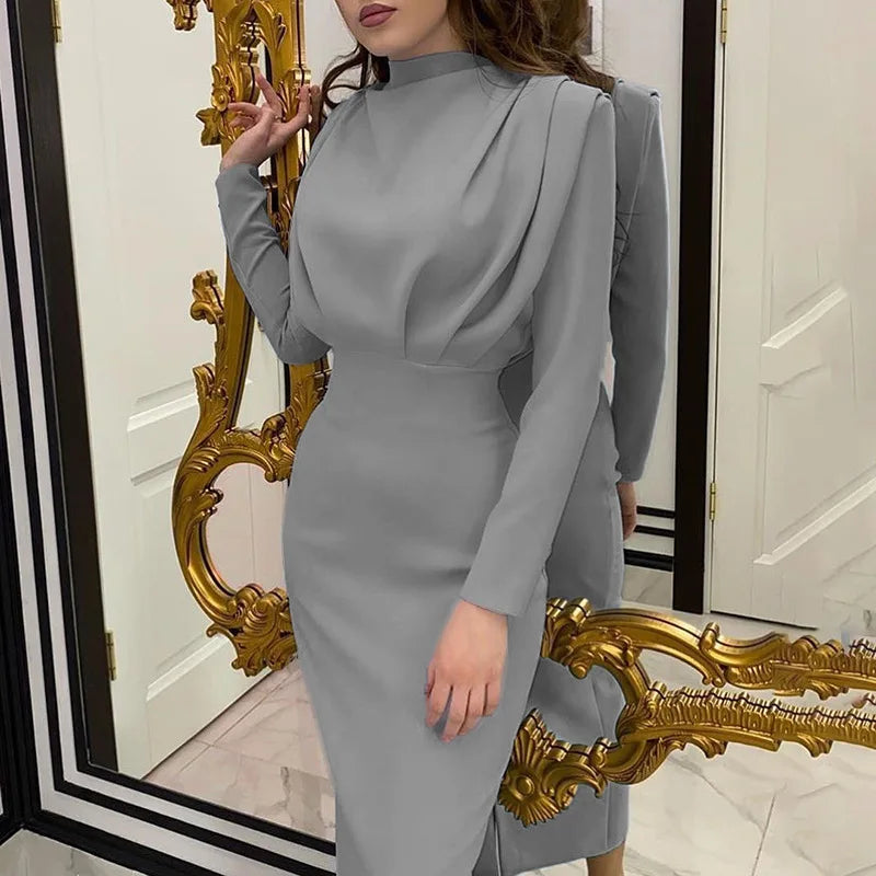 Women's Spring New Dresses with European and American Temperament, Waist Wrapped Solid Color Skirt, Long Sleeves, Round Neck