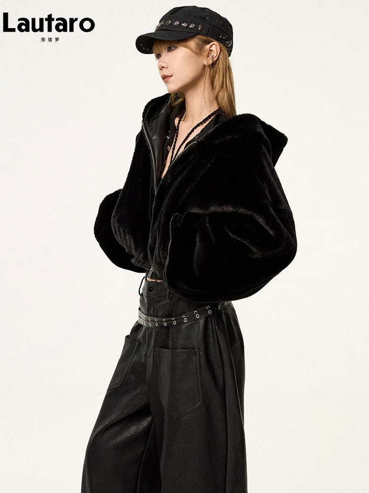 Lautaro Spring Autumn Cool Warm Thick Oversized Black Short Reversible Soft Pu Leather Jacket Hoodie Women with Faux Fur Inside