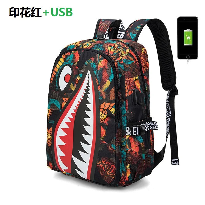 Cool shark mouth prints bagpack boy camouflage college bags unisex schoolbags waterproof backpacks student large capacity bags