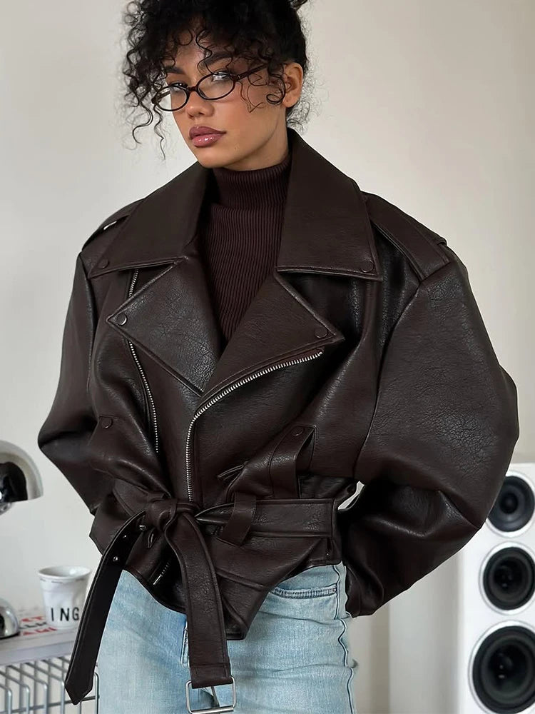 Women Chic Brown Leather Jacket With Belt Chic Full Sleeve Laple Zipper Short Coats 2026 Autumn New Ladies Street Biker Jackets